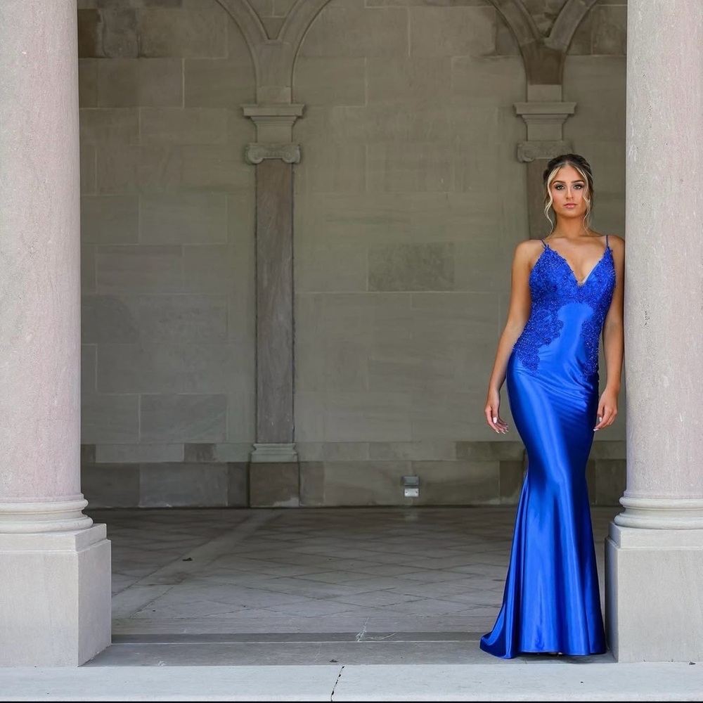 Portia and Scarlett Cobalt Blue Satin Lace Mermaid Gown